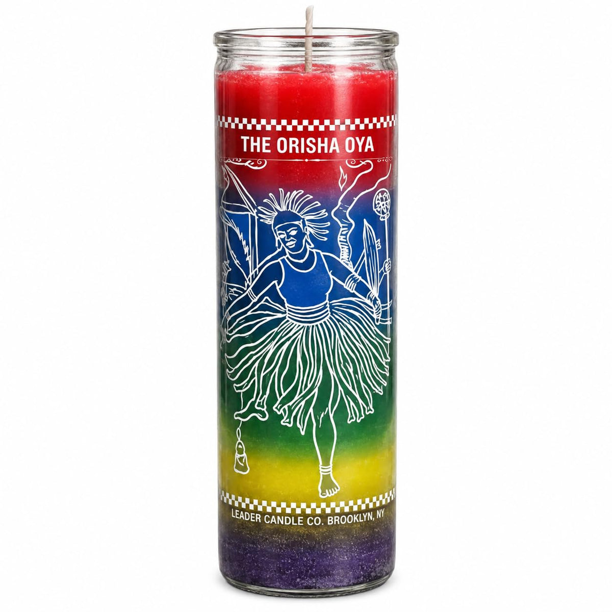 The Orisha OYA 7-Day Prayer Candle, Decorative Glass Jar with Spiritual Art, Red Blue Green Gradient