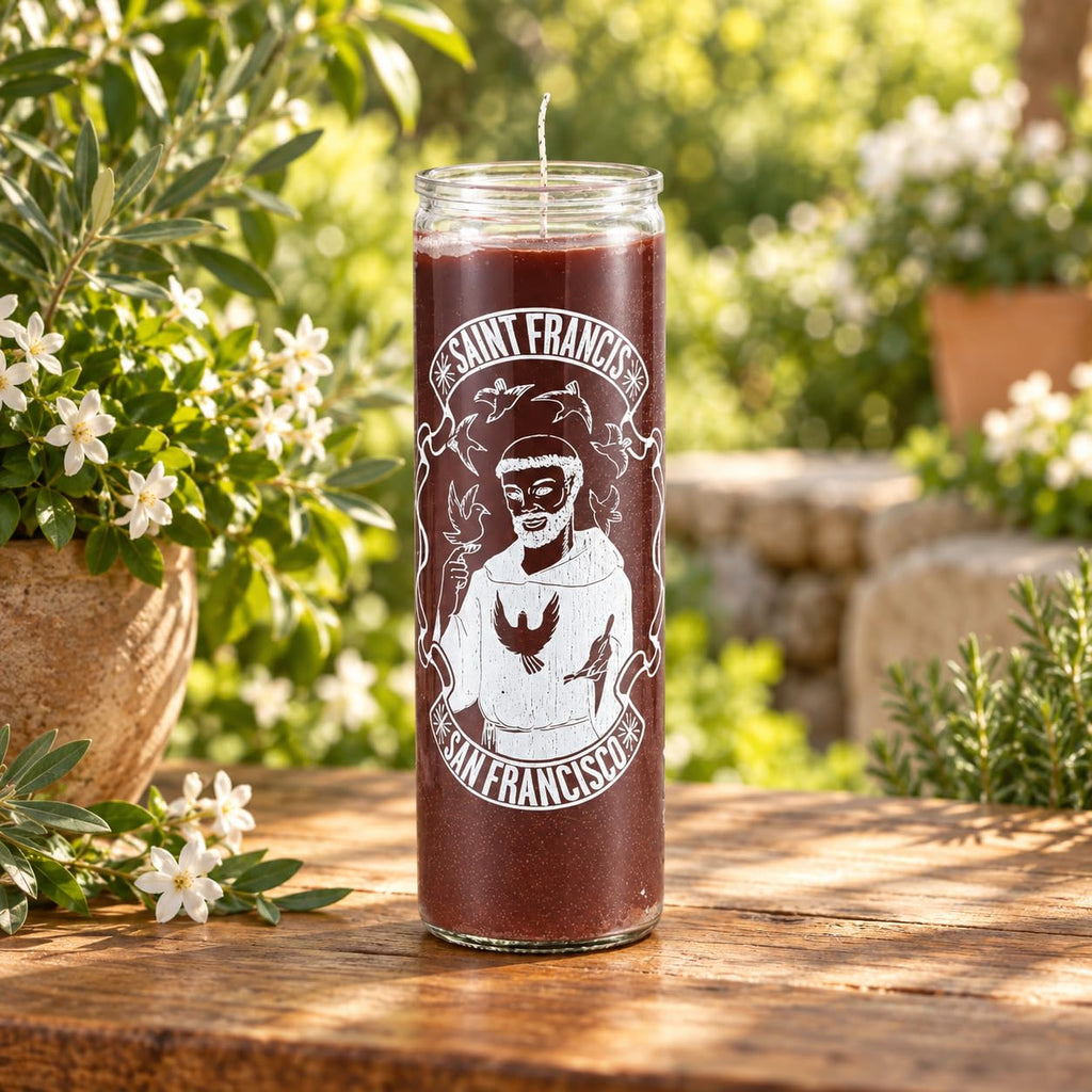 Saint Francis of Assisi 7-Day Prayer Candle, Brown, Glass Jar, Spiritual Devotion for Healing and Protection