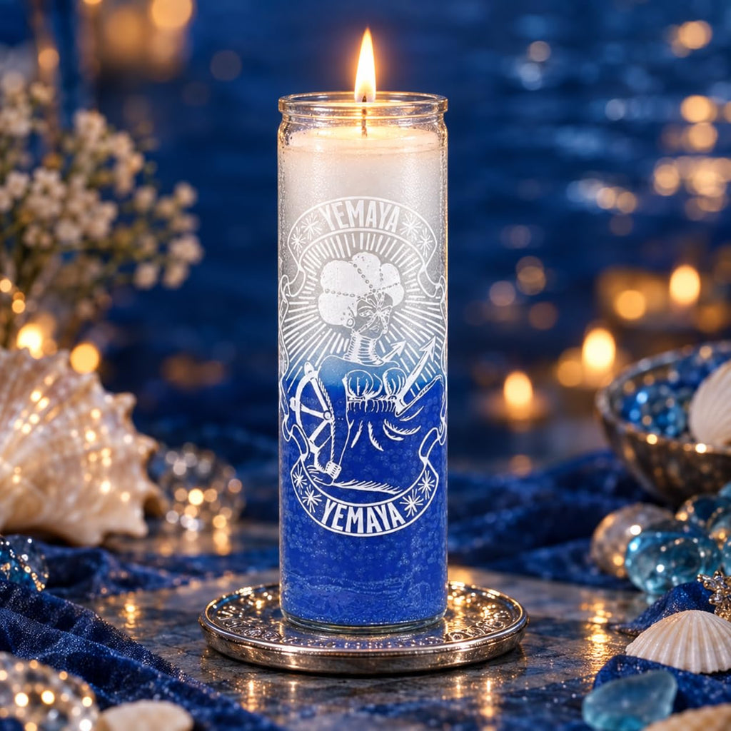 Yemaya 7-Day Prayer Candle White and Blue Glass Devotional