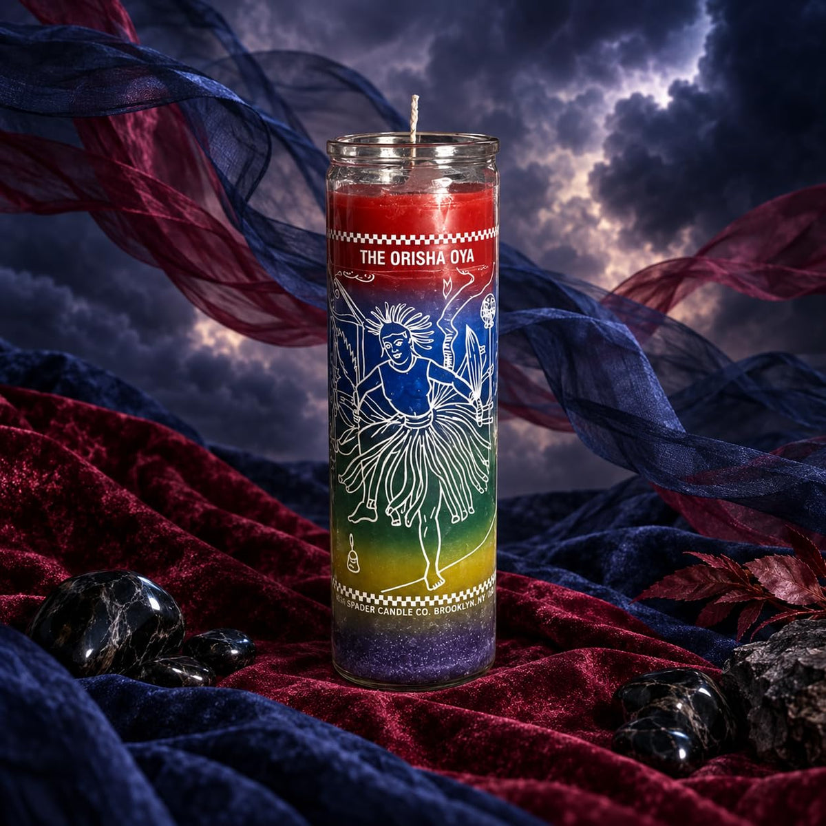 The Orisha OYA 7-Day Prayer Candle, Decorative Glass Jar with Spiritual Art, Red Blue Green Gradient