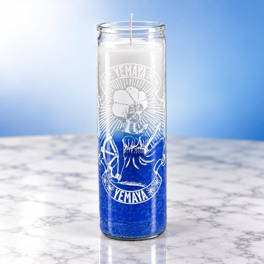 Yemaya 7-Day Prayer Candle White and Blue Glass Devotional