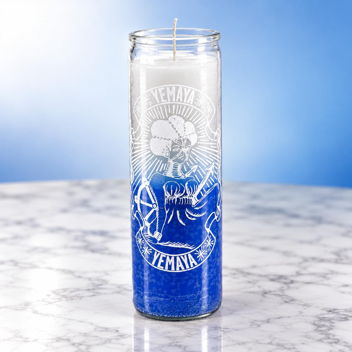Yemaya 7-Day Prayer Candle White and Blue Glass Devotional