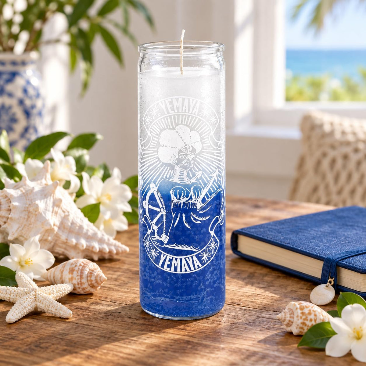 Yemaya 7-Day Prayer Candle White and Blue Glass Devotional