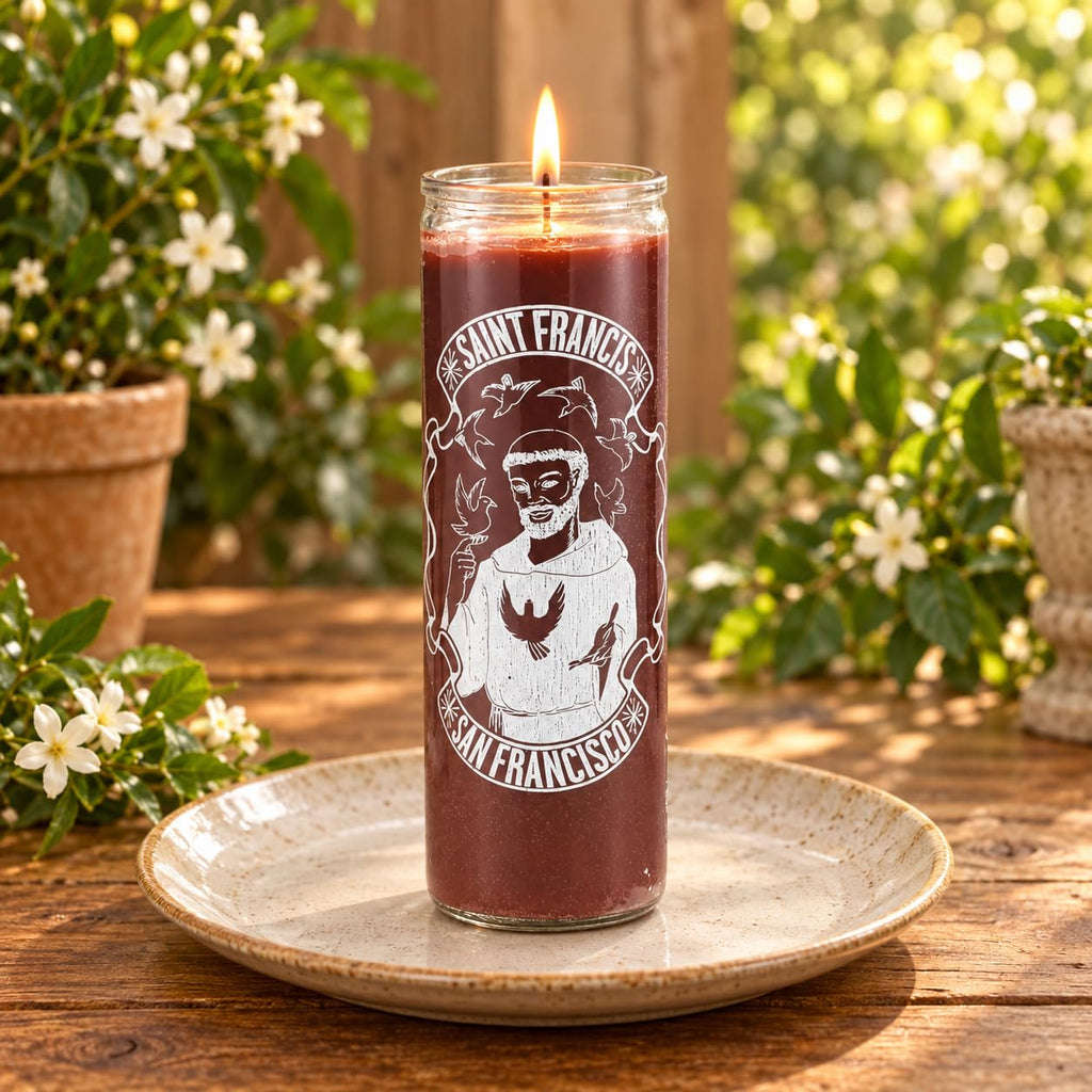 Saint Francis of Assisi 7-Day Prayer Candle, Brown, Glass Jar, Spiritual Devotion for Healing and Protection