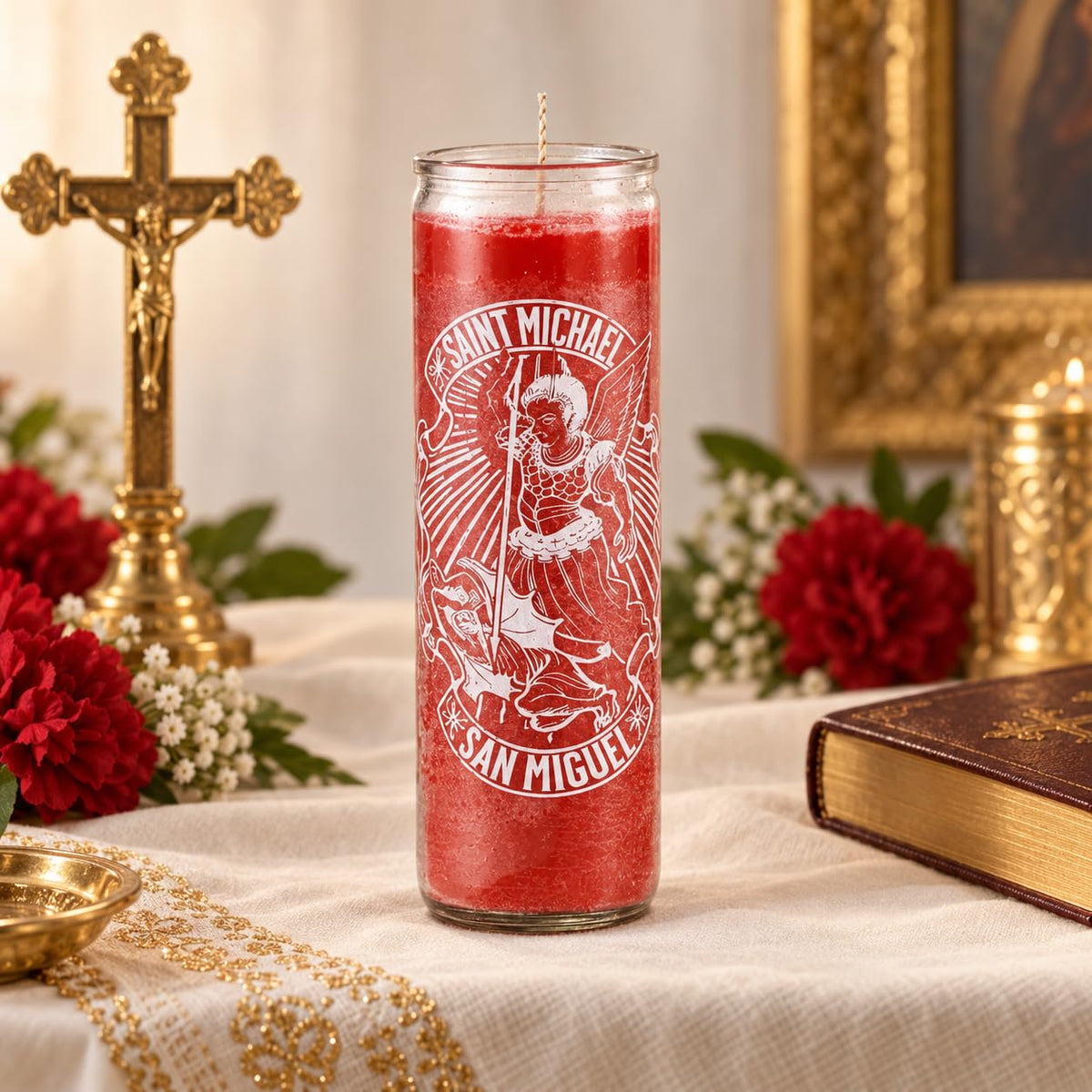 Saint Michael Religious Glass Prayer Candle, 7-Day Devotional