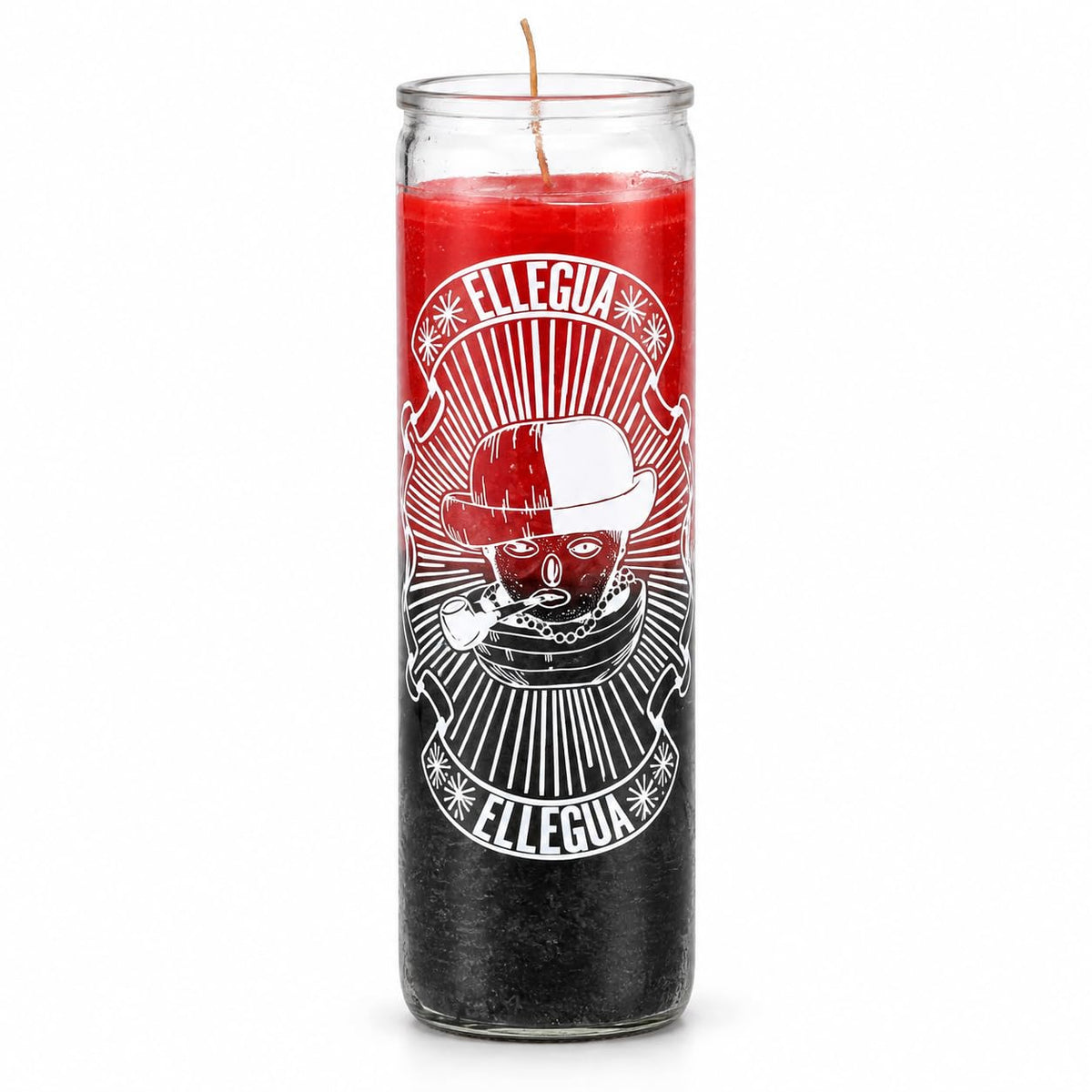 Elegua 7 Day Religious Prayer Candle, Glass Jar with Decorative Spiritual Design, Red and Black Gradient, Traditional Orisha Ritual