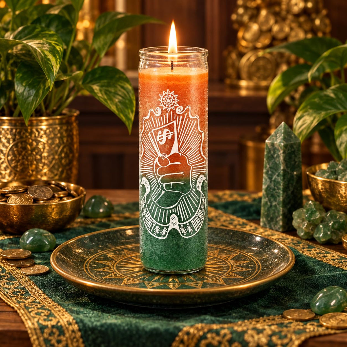 7 Day Money Drawing Candle, Green and Gold, Wealth Attraction, Financial Prosperity, Abundance Ritual