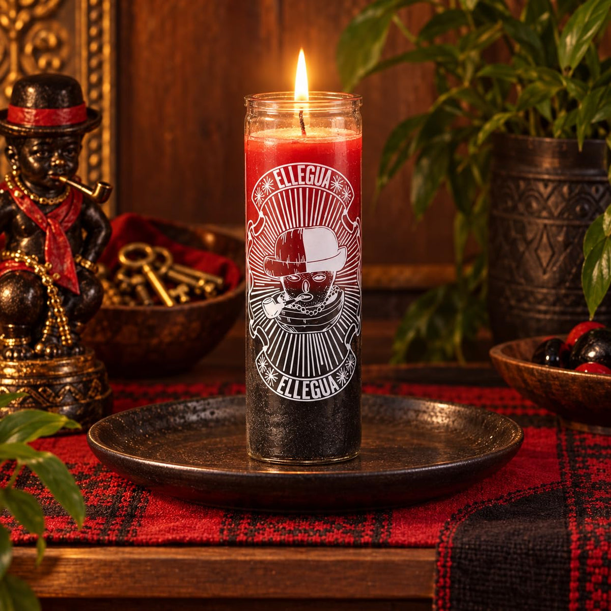 Elegua 7 Day Religious Prayer Candle, Glass Jar with Decorative Spiritual Design, Red and Black Gradient, Traditional Orisha Ritual
