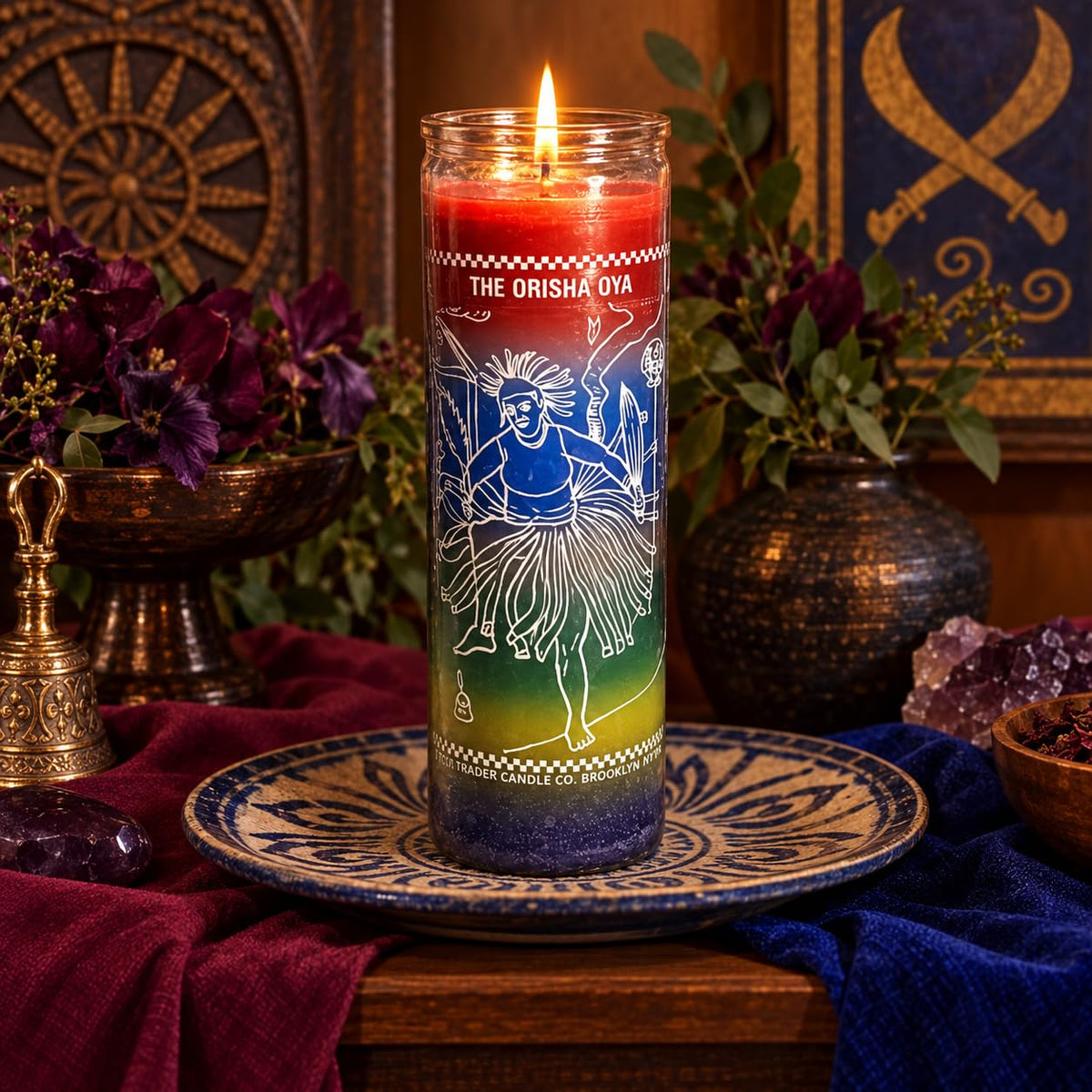 The Orisha OYA 7-Day Prayer Candle, Decorative Glass Jar with Spiritual Art, Red Blue Green Gradient