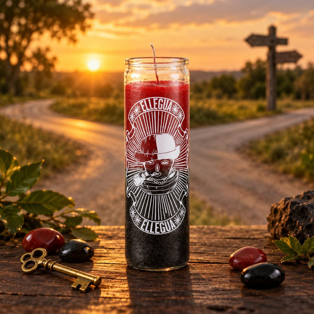 Elegua 7 Day Religious Prayer Candle, Glass Jar with Decorative Spiritual Design, Red and Black Gradient, Traditional Orisha Ritual