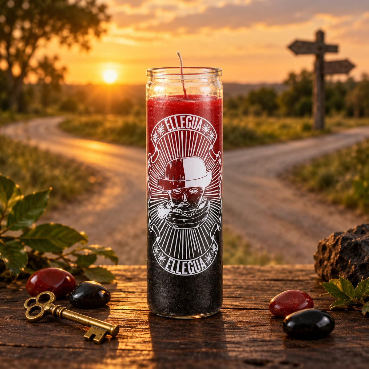 Elegua 7 Day Religious Prayer Candle, Glass Jar with Decorative Spiritual Design, Red and Black Gradient, Traditional Orisha Ritual