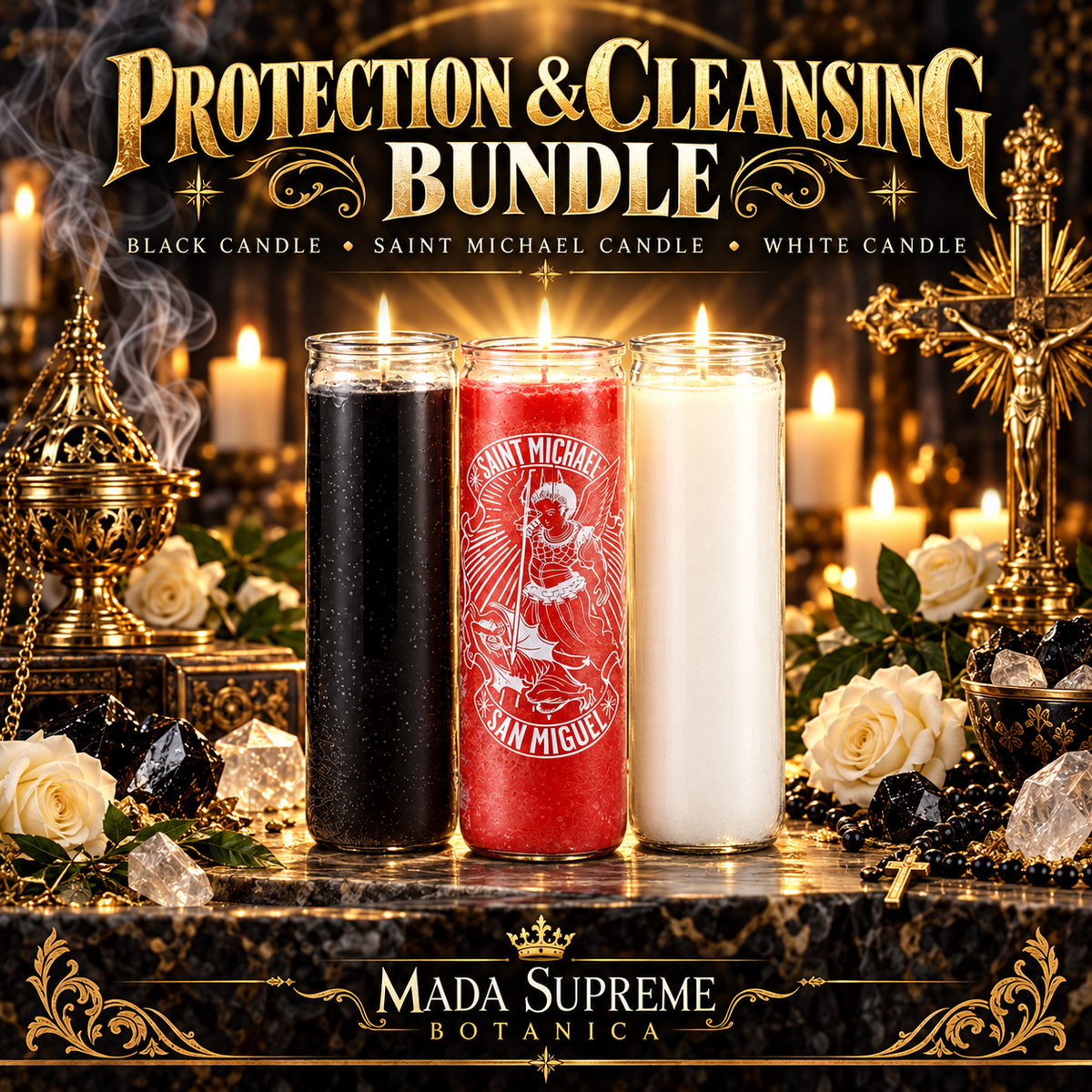 Protection & Cleansing Candle Bundle – Black Candle, Saint Michael Candle & White Candle – Mada Supreme Botanica