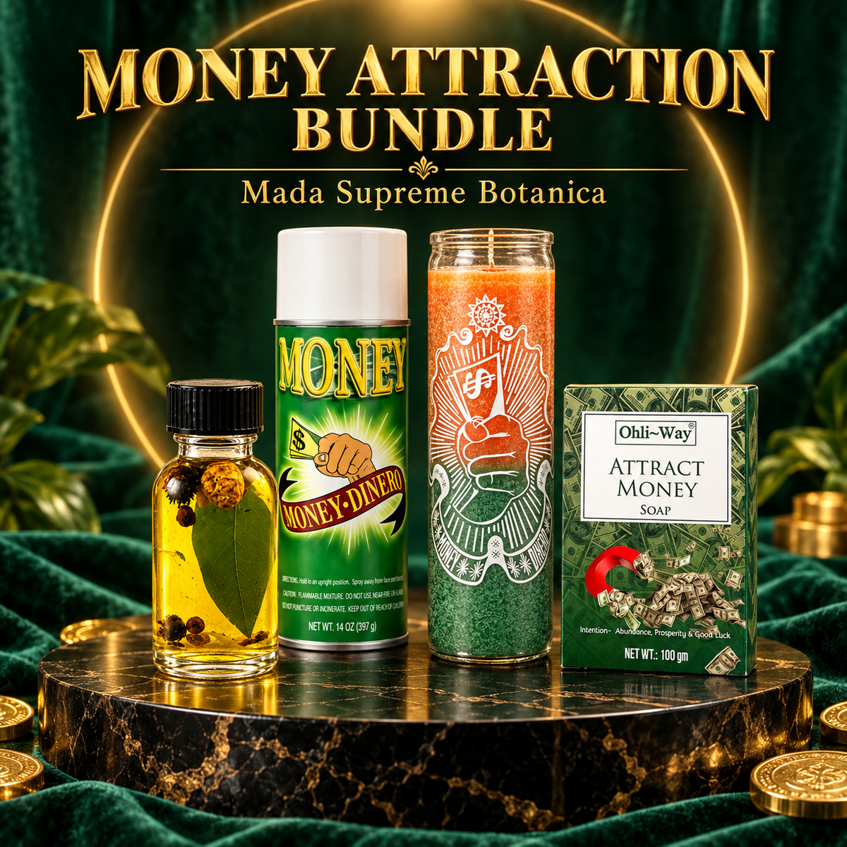 Money Attraction Spiritual Bundle – 4-Piece Set with 7-Day Candle, Money Dinero Spray, Money Oil and Attract Money Soap – Intention, Prosperity and Abundance Supplies