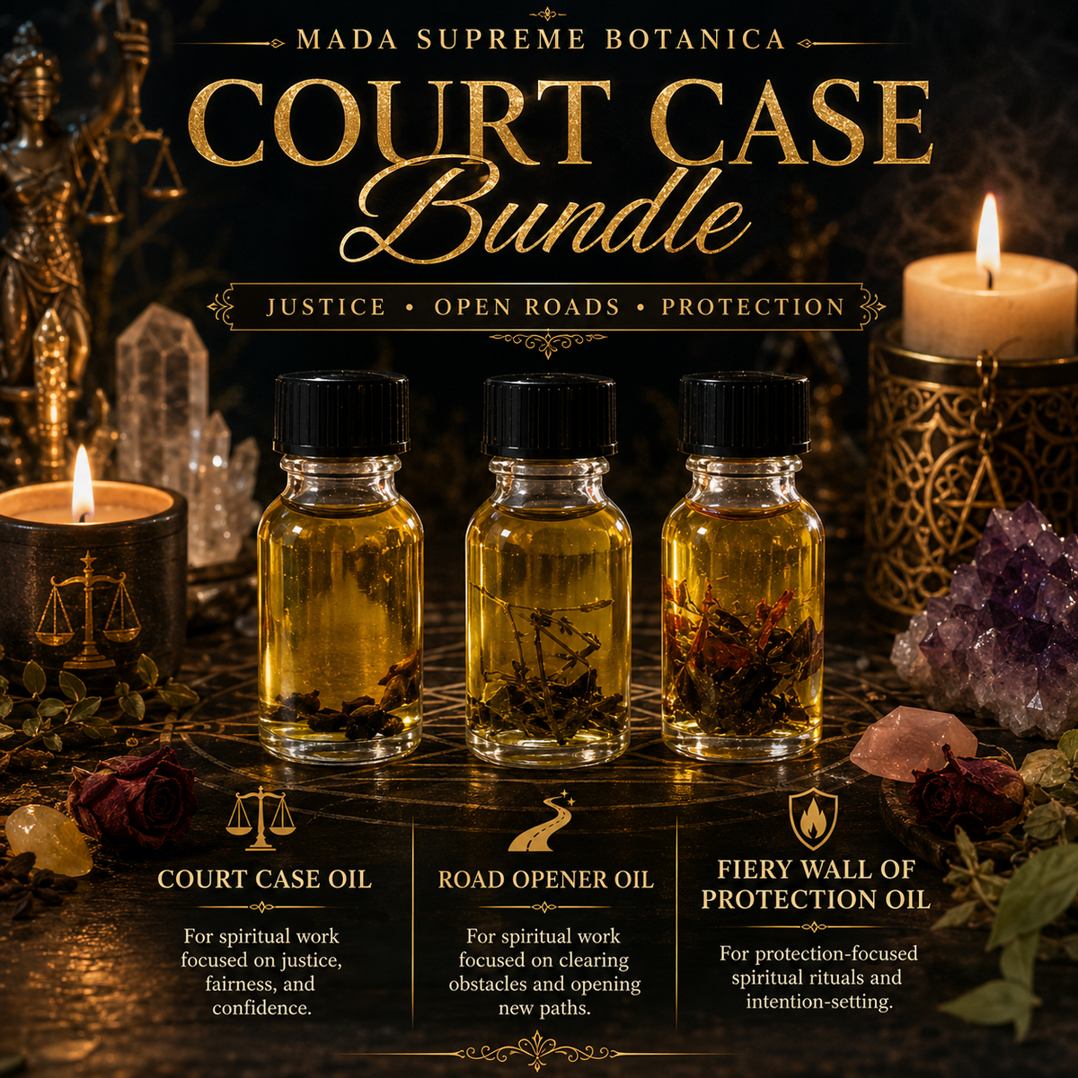 Court Case Oil, Ritual Oil Set, Protection Blend, 3 Glass Bottles with Black Caps