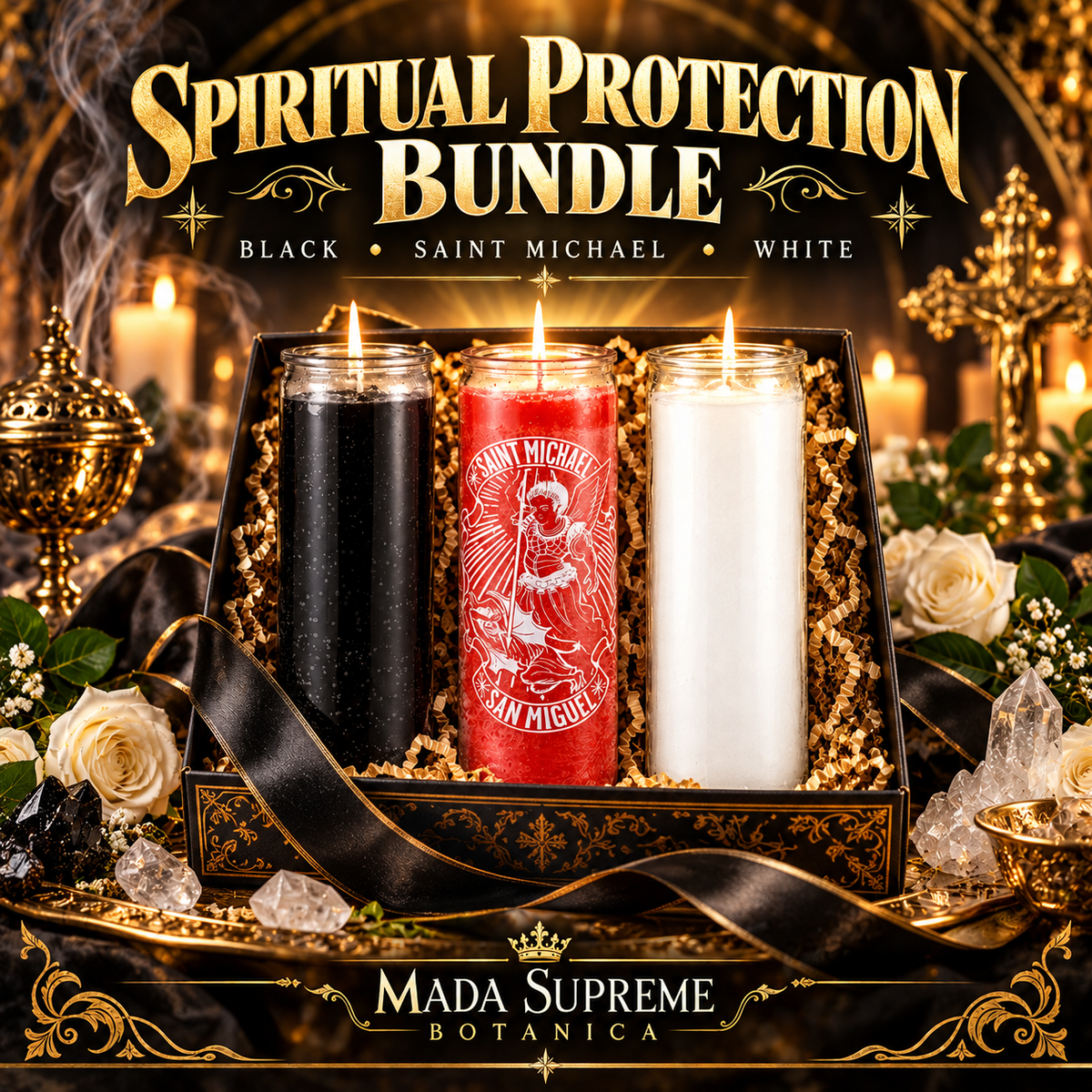 Protection & Cleansing Candle Bundle – Black Candle, Saint Michael Candle & White Candle – Mada Supreme Botanica