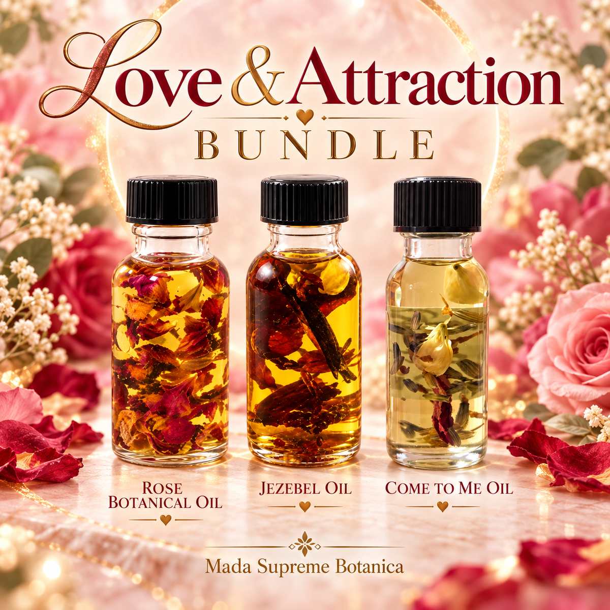 Love & Attraction Spiritual Oil Bundle – Rose Botanical Oil, Jezebel Oil & Come To Me Oil