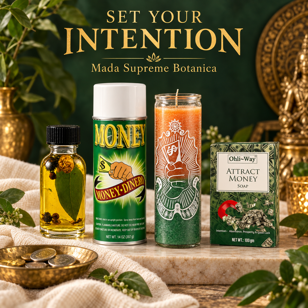Money Attraction Spiritual Bundle – 4-Piece Set with 7-Day Candle, Money Dinero Spray, Money Oil and Attract Money Soap – Intention, Prosperity and Abundance Supplies