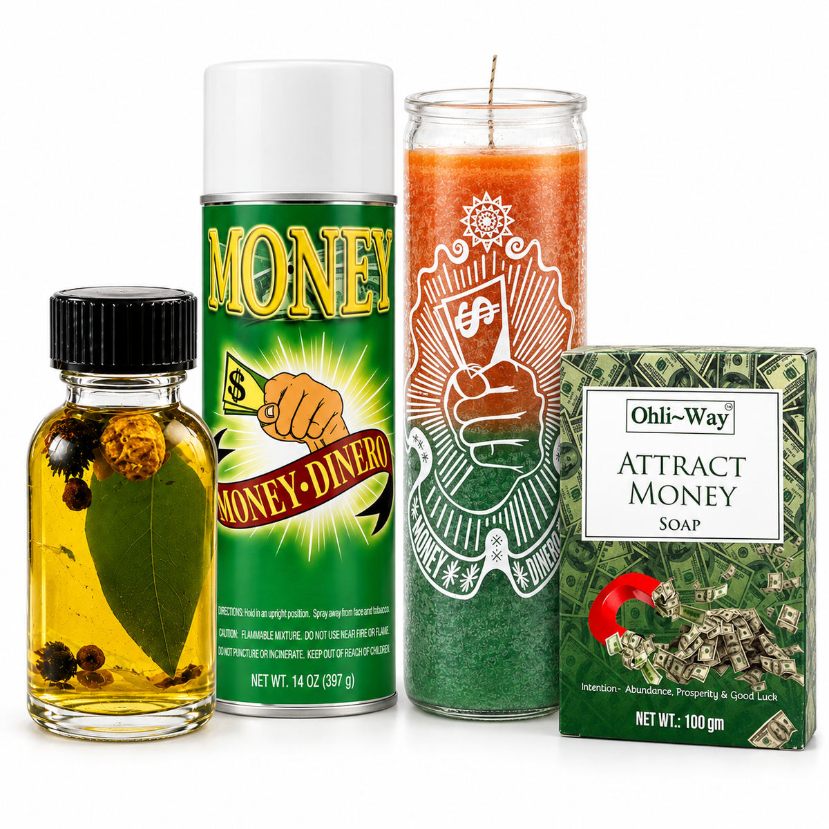 Money Attraction Spiritual Bundle – 4-Piece Set with 7-Day Candle, Money Dinero Spray, Money Oil and Attract Money Soap – Intention, Prosperity and Abundance Supplies
