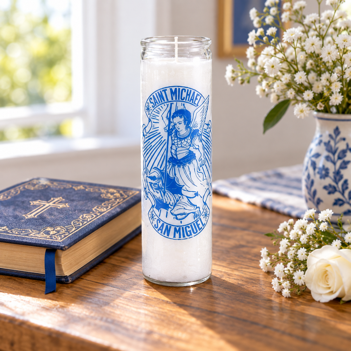 Saint Michael 7 Day Devotional Prayer Candle, White, Glass Jar, Spiritual Protection