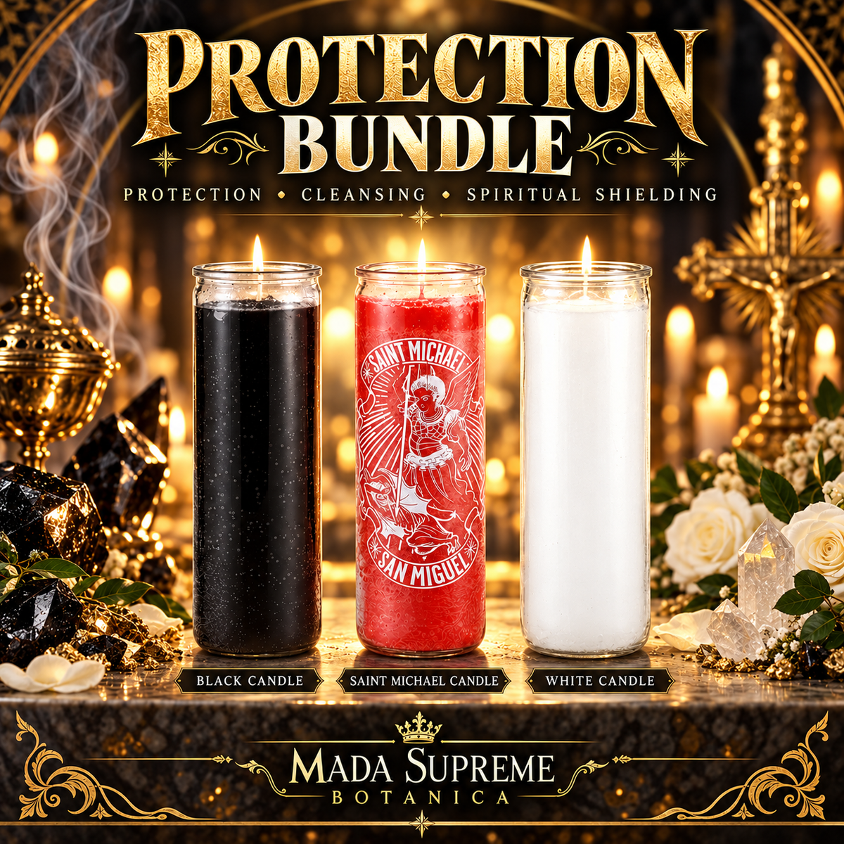 Protection & Cleansing Candle Bundle – Black Candle, Saint Michael Candle & White Candle – Mada Supreme Botanica