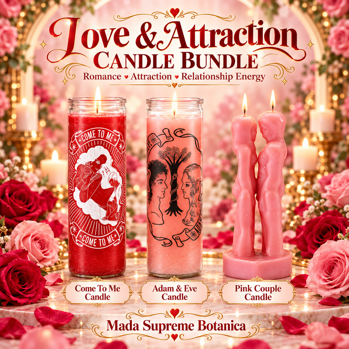 Love & Attraction Candle Bundle – Come To Me, Adam & Eve & Pink Couple Candle – Mada Supreme Botanica
