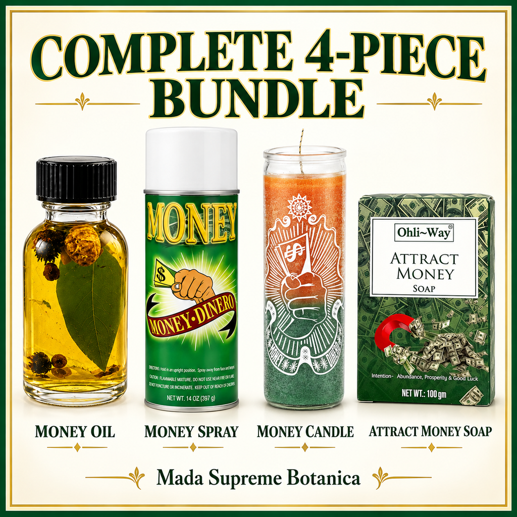 Money Attraction Spiritual Bundle – 4-Piece Set with 7-Day Candle, Money Dinero Spray, Money Oil and Attract Money Soap – Intention, Prosperity and Abundance Supplies
