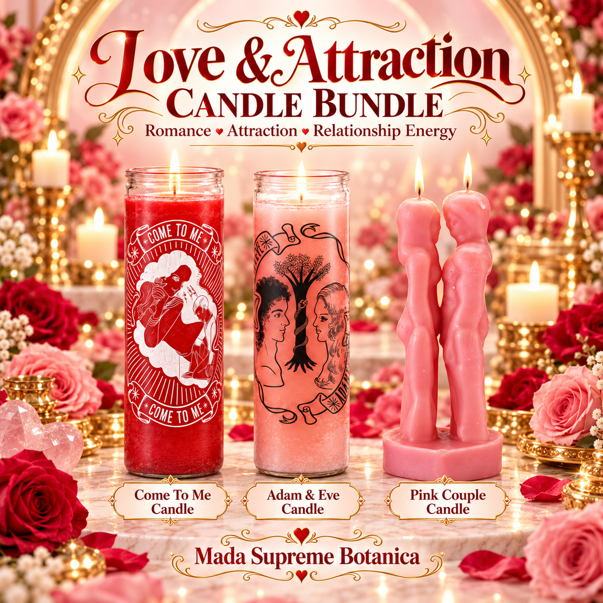 Love & Attraction Candle Bundle – Come To Me, Adam & Eve & Pink Couple Candle – Mada Supreme Botanica