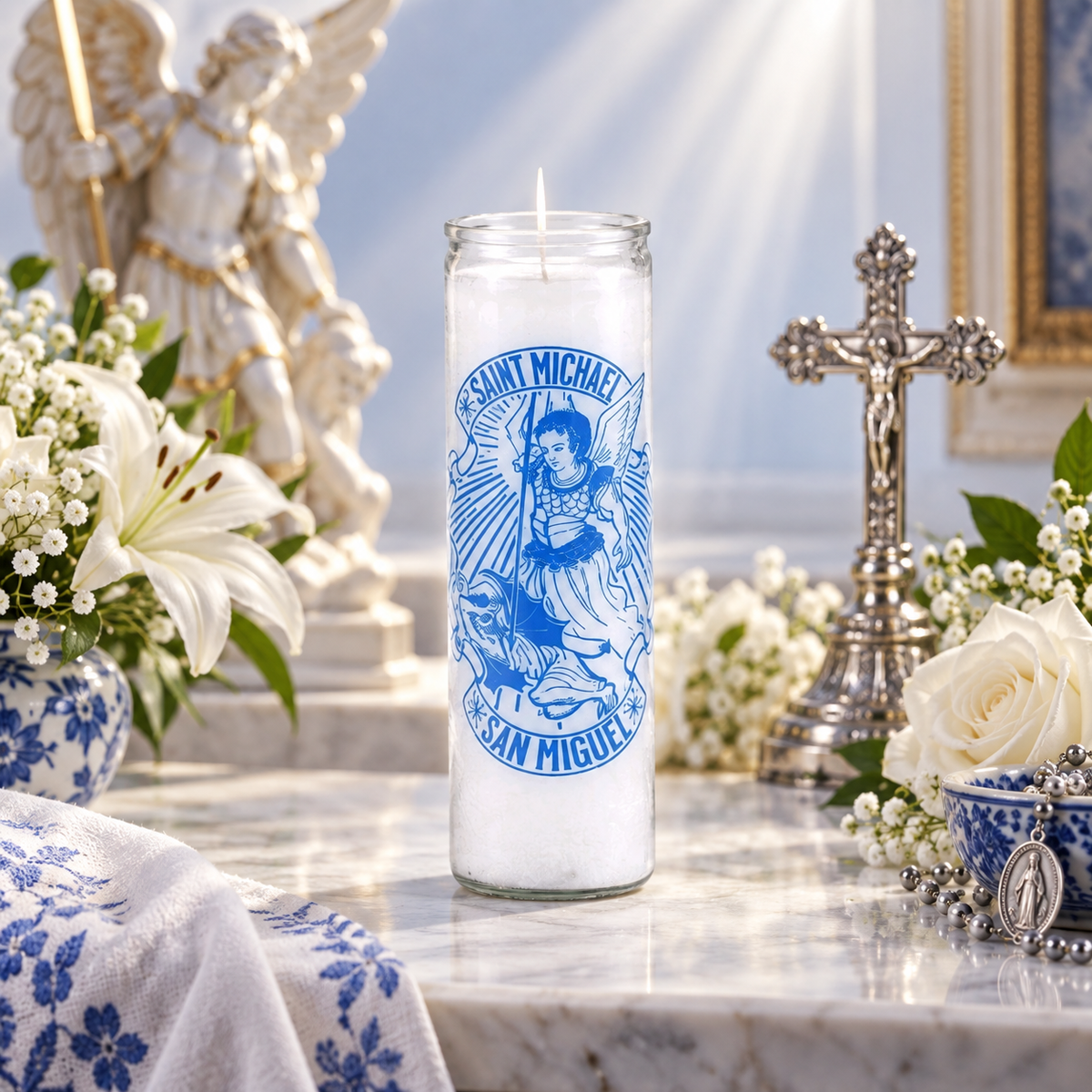 Saint Michael 7 Day Devotional Prayer Candle, White, Glass Jar, Spiritual Protection