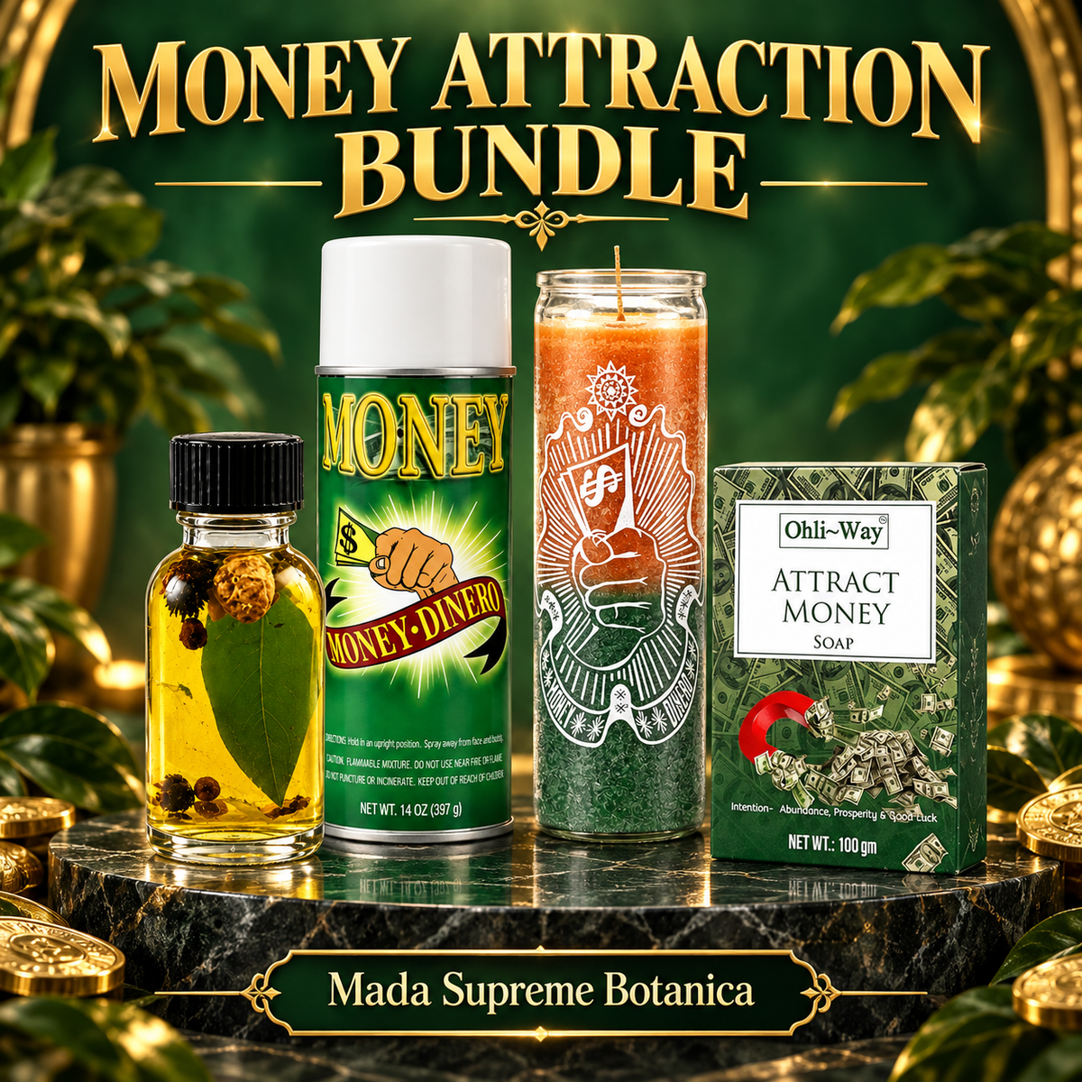 Money Attraction Spiritual Bundle – 4-Piece Set with 7-Day Candle, Money Dinero Spray, Money Oil and Attract Money Soap – Intention, Prosperity and Abundance Supplies